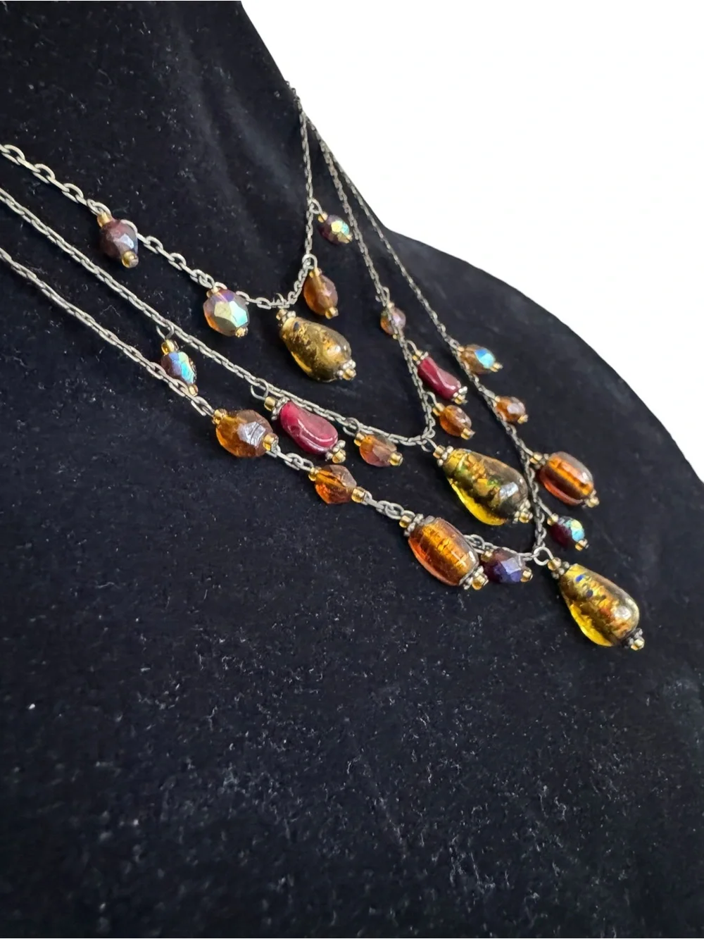Multi-Layered Gold Tone Necklace with Iridescent Amber and Pink‎ Glass Drops